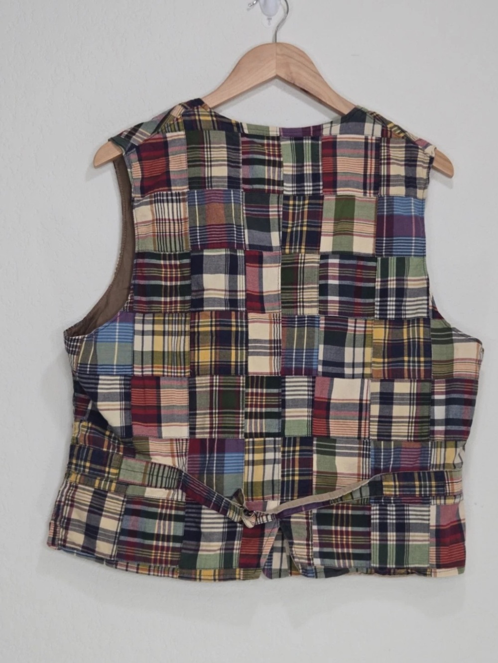 Polo Ralph Lauren India Madras Plaid Patchwork Vest Cinch Back Size L Mens - Picture 2 of 10